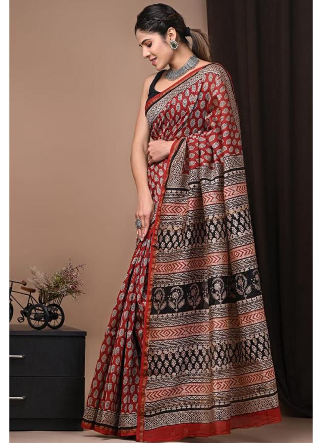 Chanderi Silk Red Traditional Wear Printed Saree